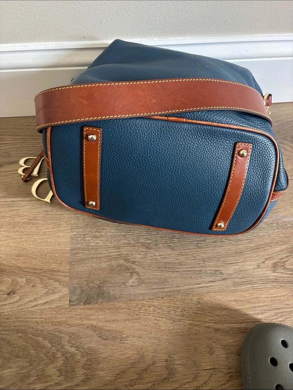 Dooney & Bourke Denim Blue Pebbled Leather Messenger with Brown Trim